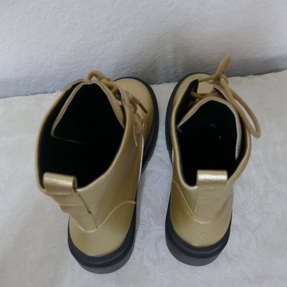 Gold Combat Mid Calf Lace Up Boots Zipper Detail Lug Heels Womens 43/12 - Picture 4 of 12